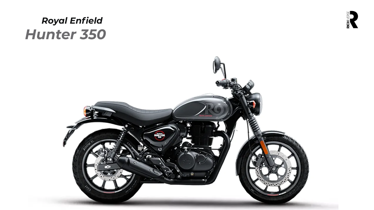Royal Enfield Hunter 350 in Graphite Grey matte finish; neon yellow accents; urban street roadster.